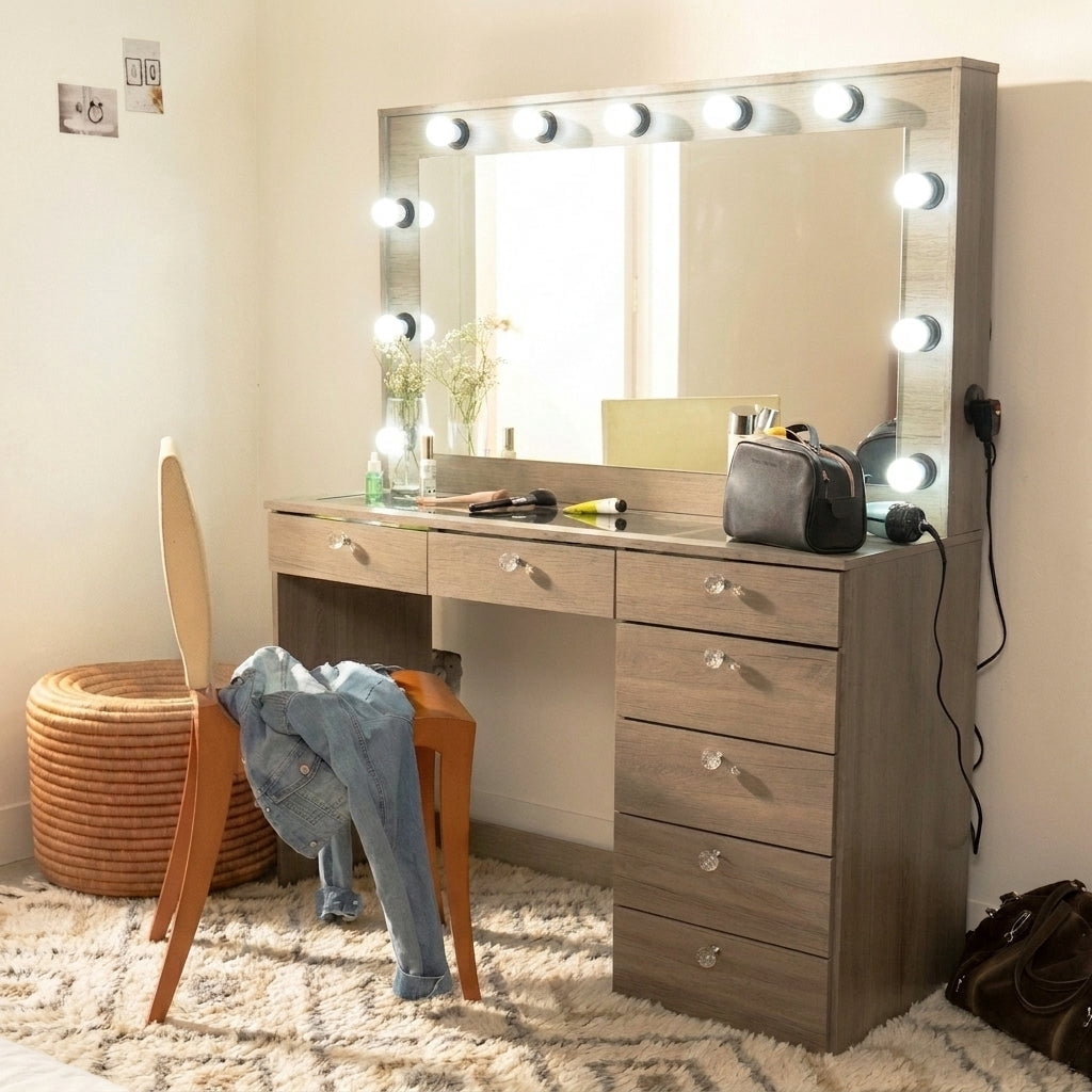Ember Interiors Modern Greige Makeup Vanity Desk with Lights, USB-C, Glass Top, 7 Drawers