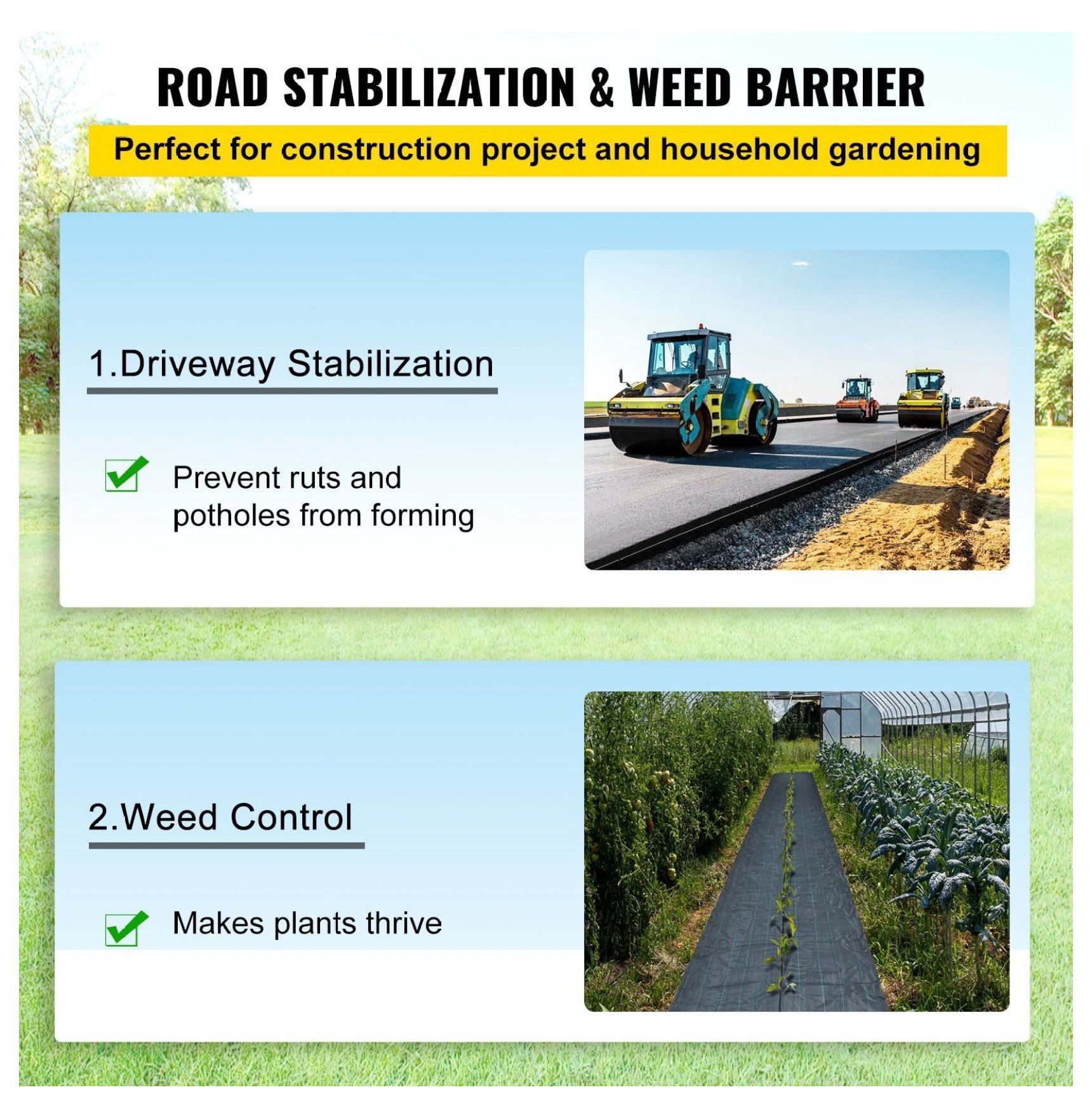 Geotextile Fabric 12.5 x 50 ft, 3.5oz PP Driveway Fabric, 600lbs Strength Weed Barrier for Landscaping, Soil Stabilization, Erosion Control