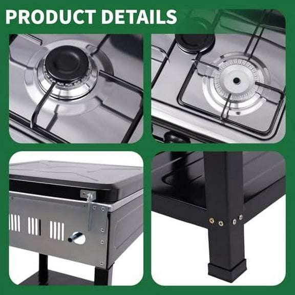 4 Burner Gas Stove with Removable Leg Stand Portable Gas Stove LNG/LPG Auto Ignition for RV, Apartment, Camping, Outdoor Cooking, Black