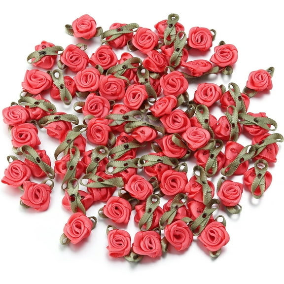 XmhyTop-A 100 Pcs Mini Satin Roses Artificial Ribbon Roses for Wedding Decor, DIY Crafts, Scrapbooking Gift Toppers Small Satin Bows, Decorative Red Roses Floral Craft Supplies,Light Red