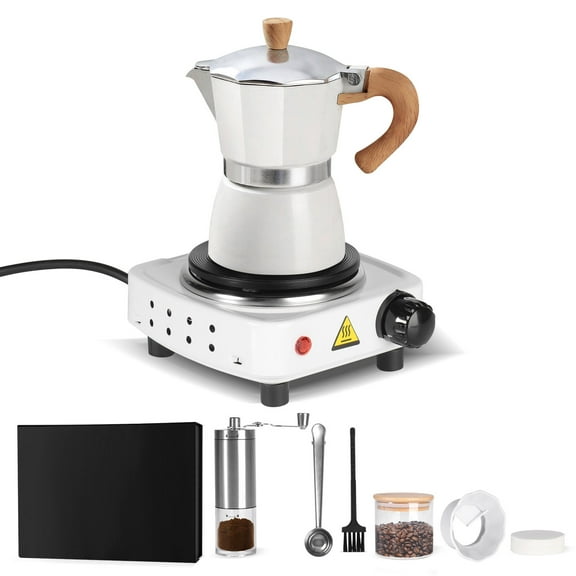 Eurhowing Stovetop Espresso Maker 7Pcs, 3-Cup Moka Pot with Electric Stove&Manual Grinder, Authentic Italian Coffee Pot, White