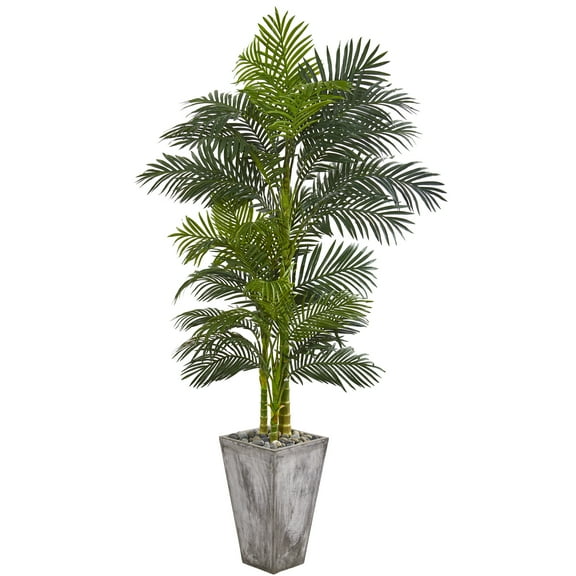 Nearly Natural 7' Golden Cane Artificial Palm Tree in Cement Planter, Green