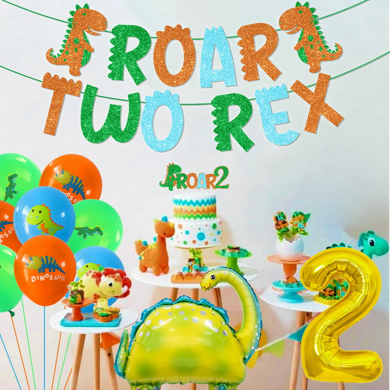 Dinosaur 2nd Birthday Party Decorations for Boys and Girls, Green Dinosaur  with ROAR TWO REX Banner and Dinosaur Latex Foil Balloons Cake Toppers for