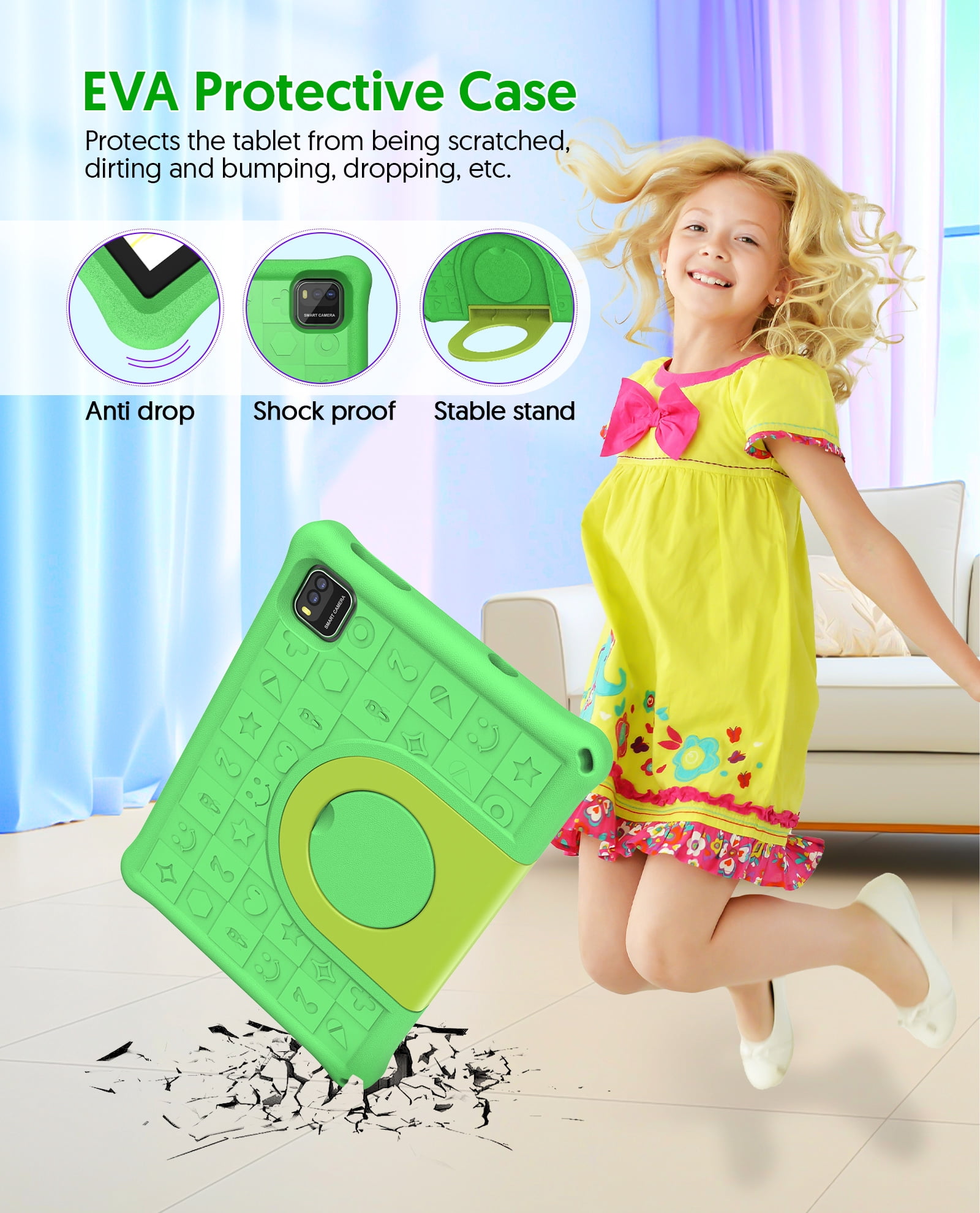 FITIFUN 10.1 inch Kids Tablet Android 15, 3GB RAM 64GB ROM 1TB Expand, Quad-Core, 5G/2.4G WiFi, 6000mAh, HD Display, Parental Control, Green