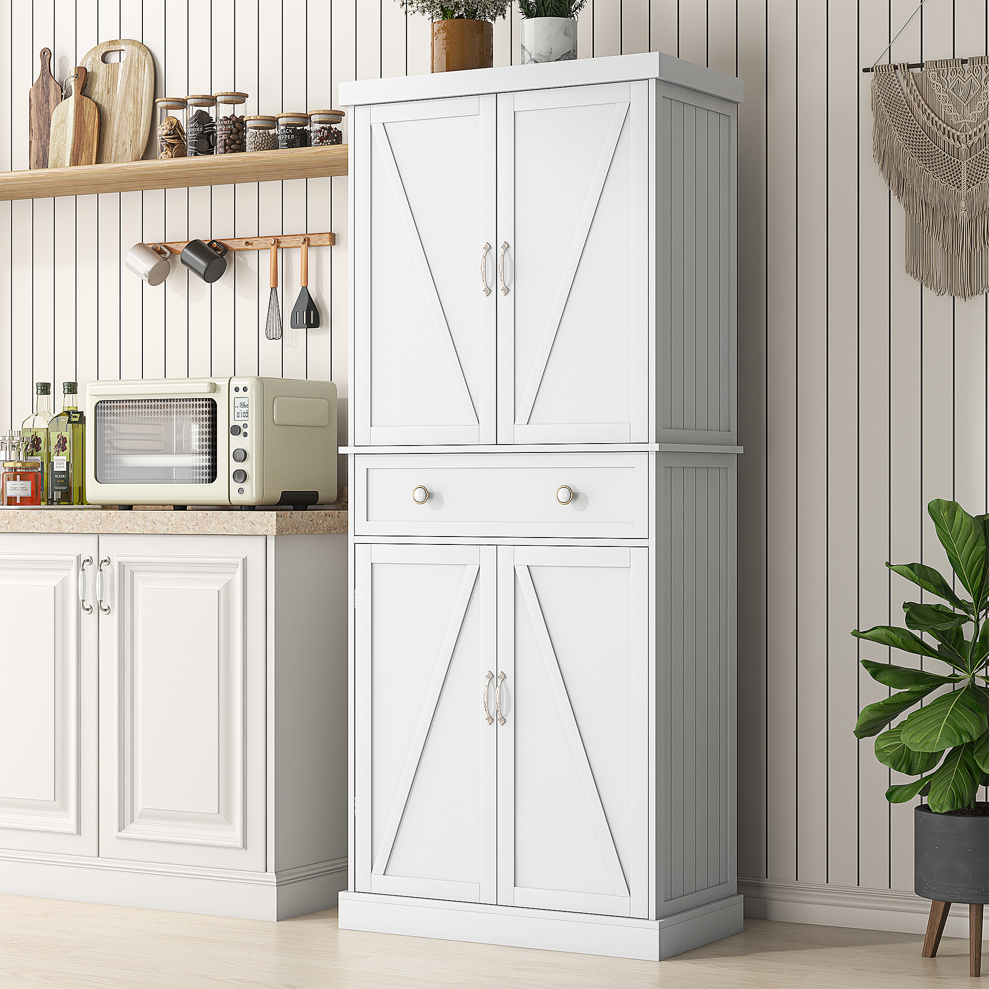 ETASE 72 White Tall Kitchen Pantry Cabinet with Adjustable Shelves ...