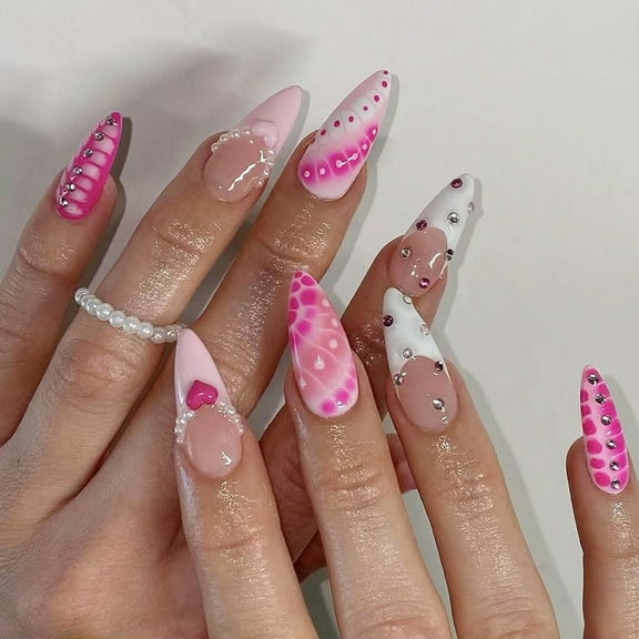 24Pcs Press on Nails Almond Glues on Nails French Fake Nails Designs False Nails Artificial Nails Gifts for Women Girls