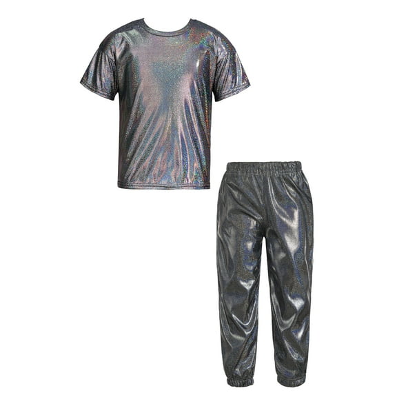 Moggemol Boys Girls Hip Hop Dance Outfit Jazz Dancewear Kids Modern Dance Shirt Shiny Metallic Tops Black 100