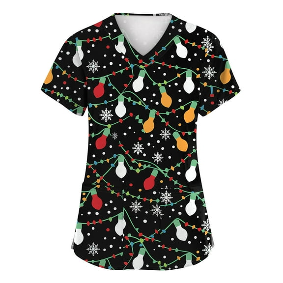 Dwellite Christmas Scrub Tops for Women Plus Size Short Sleeve V-Neck Funny Printed Scrub Top 2025 Holiday Medical Nursing Uniforms Multicolor 5XL