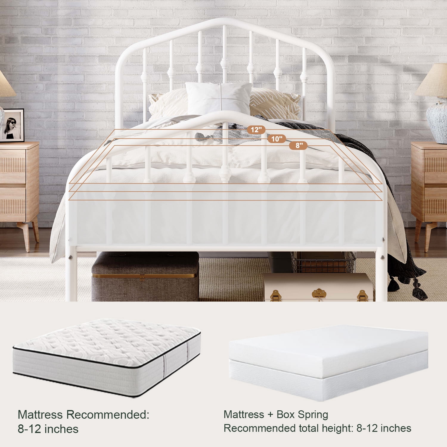 Amolife Twin Size Bed Frame, Heavy Duty Metal Platform Bed with Victorian Vintage Headboard & Footboard, White