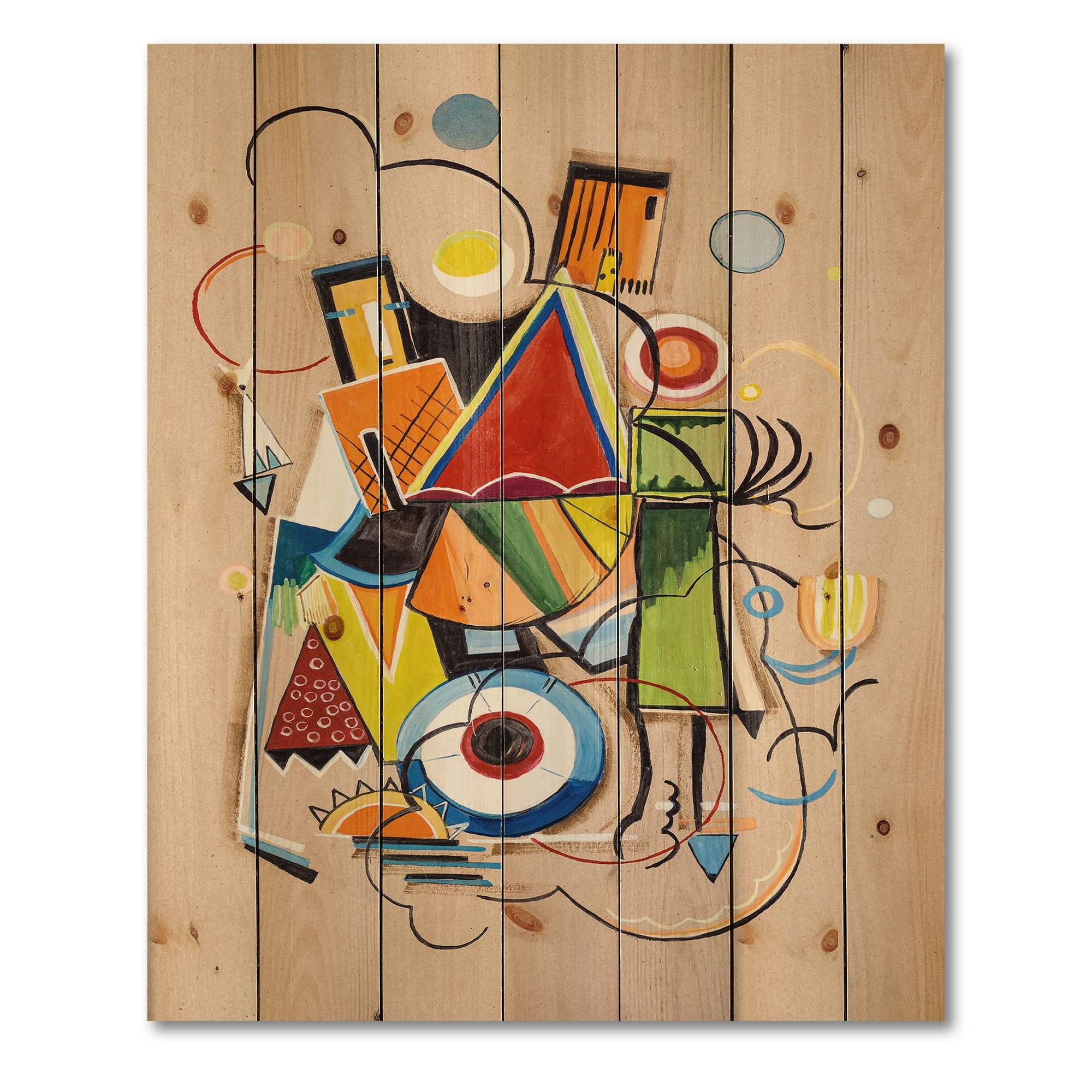 Designart 'Abstract Compositions Of Colored Geometric I' Modern Print on Natural Pine Wood