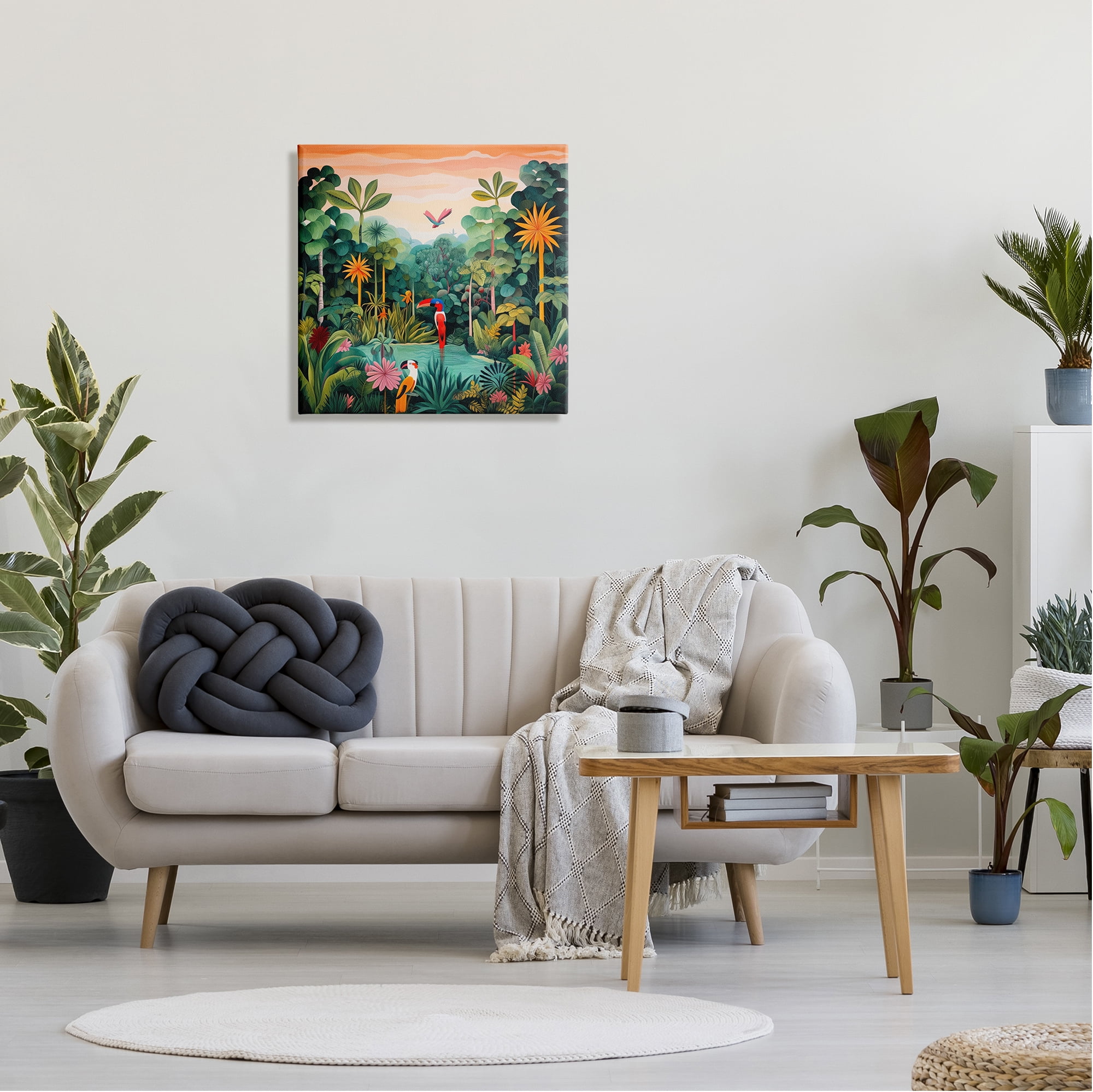 Stupell Industries Parrots & Tropical Pond Landscape Painting Gallery Wrapped Canvas Art Print Wall Art, 24 x 24