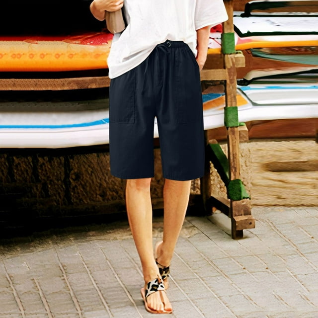 Meichang Womens Casual Cotton Linen Shorts with Elastic Waisted Drawstring Front Shorts Solid Half Shorts Pants Loose Fit Summer Casual Beach Shorts with Pockets