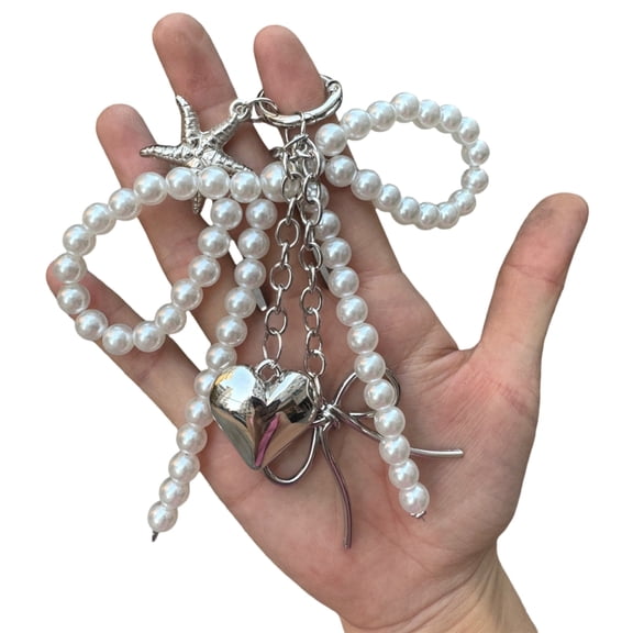 Elegant Pearls Beaded Bowknot Keychain Charm Cute Key Rings Accessory for Women