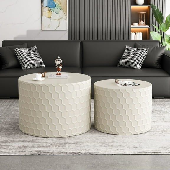 Nesting Coffee Table Set of 2 with Honeycomb Design, Modern Round Coffee Table, Drum Circle Coffee Table, Stylish and Minimalist Table for Living Room, Bedroom, Beige