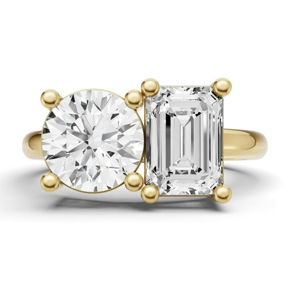2 CTW Round and Emerald Cut Lab-Grown Diamond Two-Stone Ring in 14K Yellow Gold (Ring Size: 4.5)