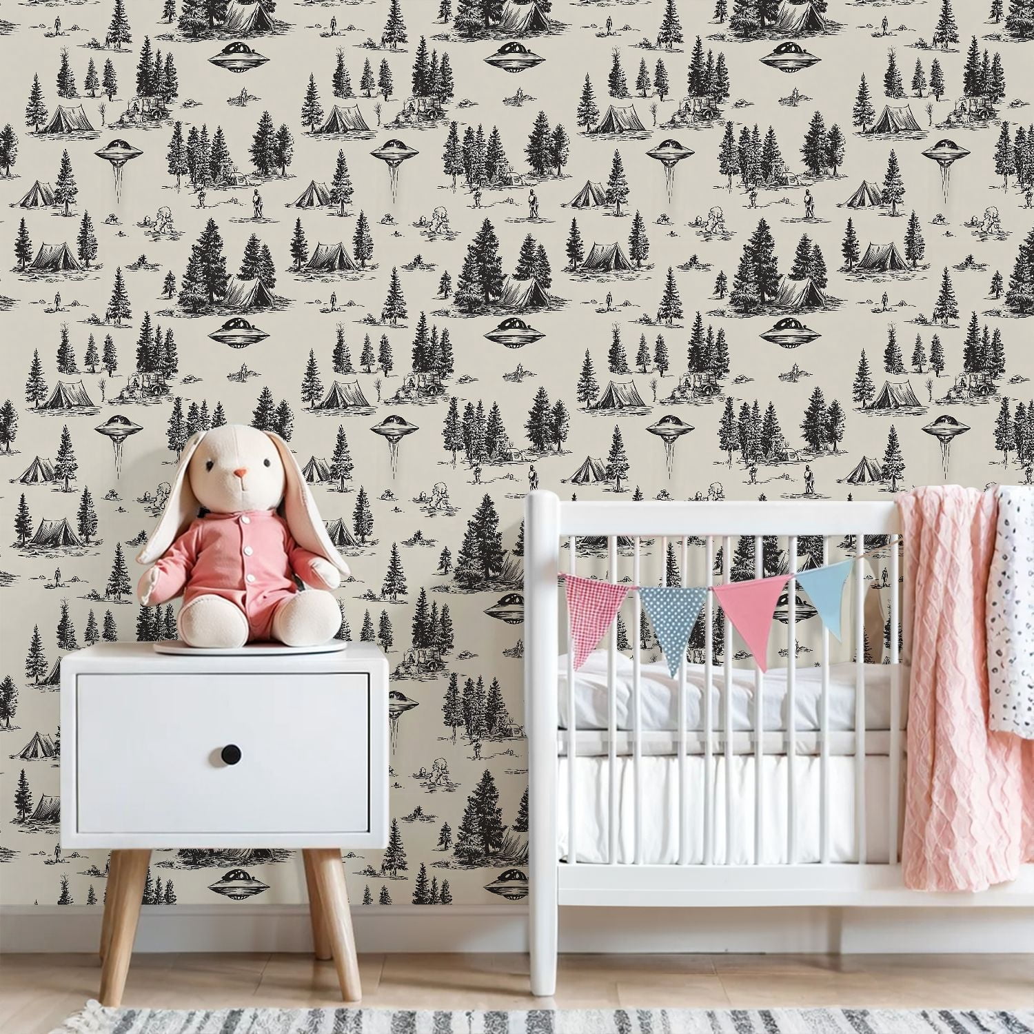 Peel and Stick Wallpaper Encounter Forest Tents Camping Scene Wall Mural 23.6in x 9.8ft Self Adhesive Removable Wall Paper Renter Friendly Wallpaper for Nursery Bedroom Cabinets