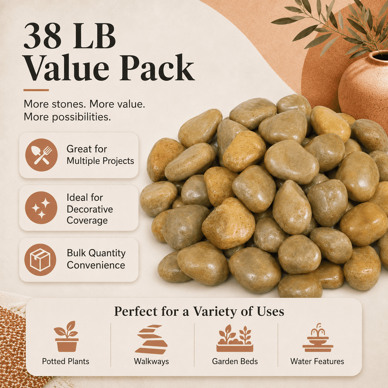 38lbs Khaki River Rocks, 2-3 inch Polished Pebbles Decorative White Stones for Indoor Outdoor Use, Perfect for Plants, Vase Fillers, Aquariums, Fish Tanks, and Garden Landscaping
