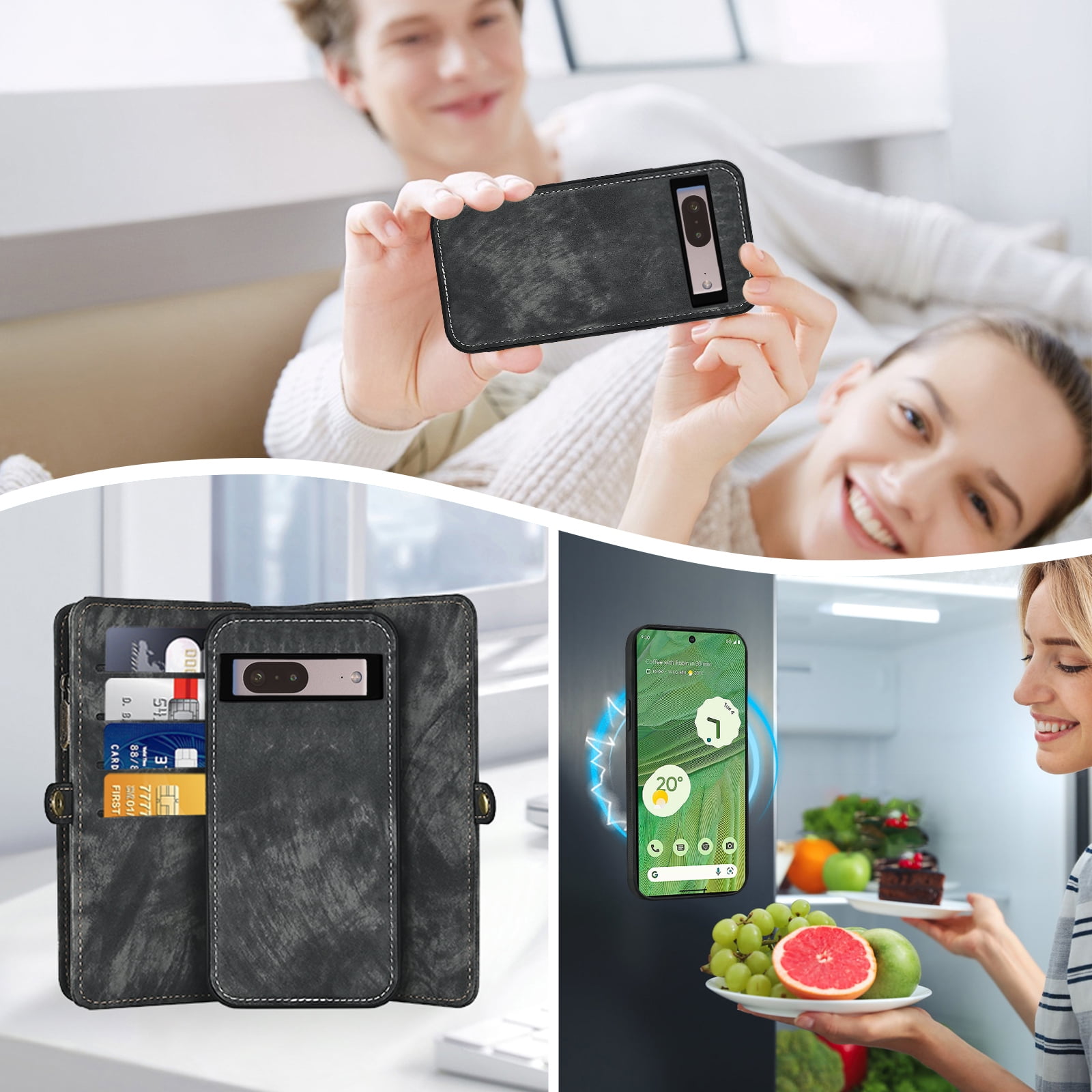 Asuwish Compatible with Google Pixel 7 5G Phone Case Zipper Wallet Detachable Tempered Glass Screen Protector Crossbody Strap Flip Card Holder Cell Cover for Pixel7 Pixle Seven 6.3 Women Girls Black