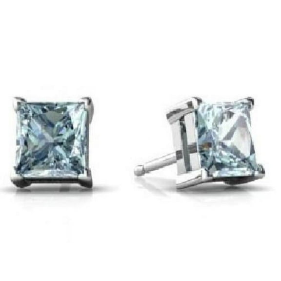 2 Ct Natural Aquamarine Princess Cut Stud Earrings 14Kt White Gold