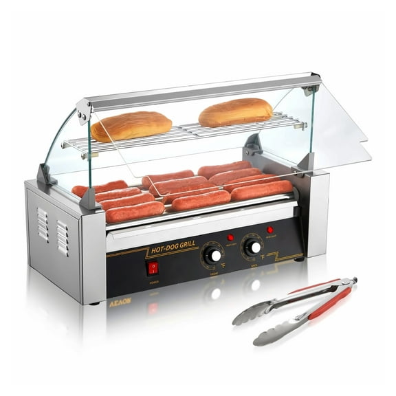 Hot Dog Roller 5 Rollers 12 Capacity, 750W Sausage Cooker Grill Machine w/ Temp Control & Bun Warmer - ETL Certified