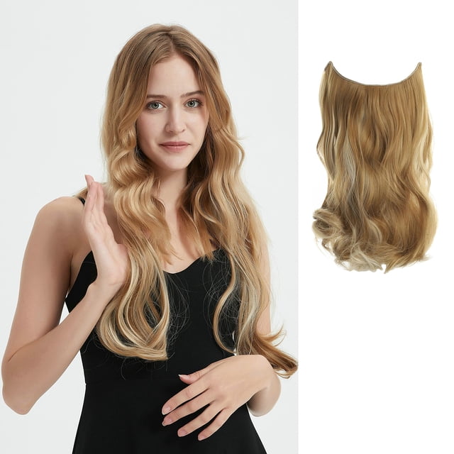 LECIPO Extensiones de cabello de alambre invisible Alambre transparente Tamaño ajustable 4 clips s Postizo largo ondulado y rizado secreto 14 pulgadas para mujeres