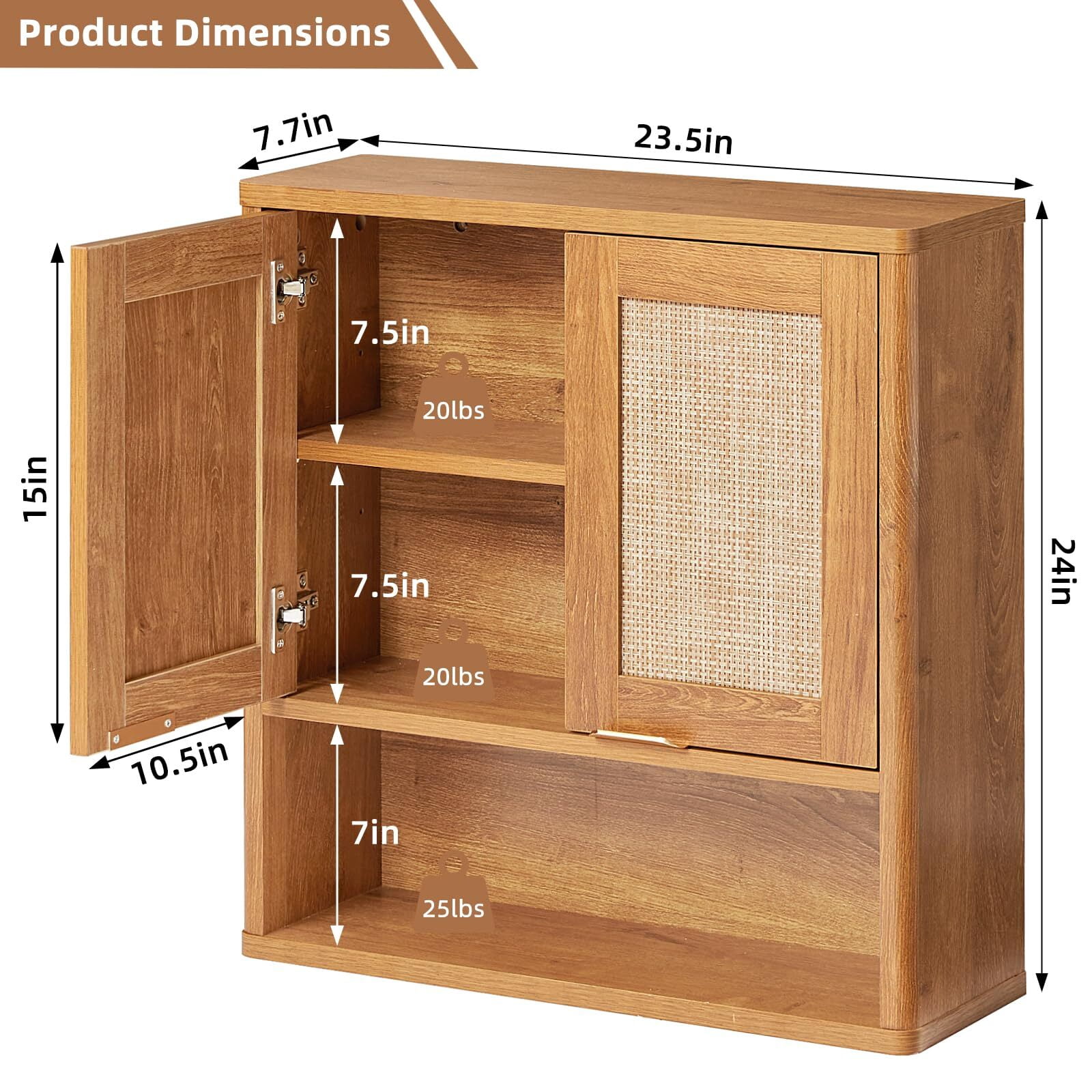 LELELINKY Rattan Wood Bathroom Wall Cabinet with Adjustable Shelf, Boho Medicine Cabinet for over Toilet Storage, Laundry Room, TeaC