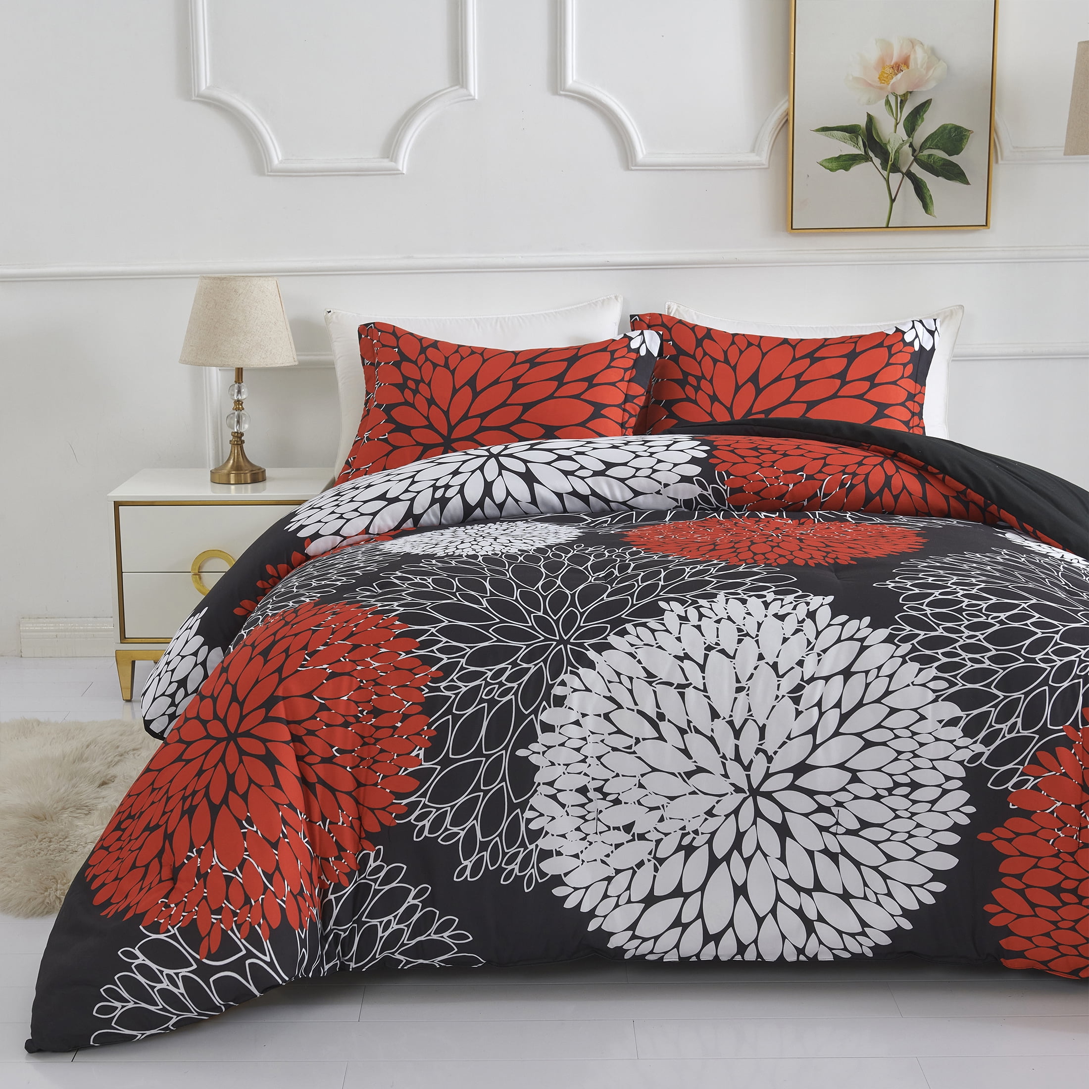 Koniroom Red and Black Floral Comforter Set Queen Size, Modern Bedding for Women