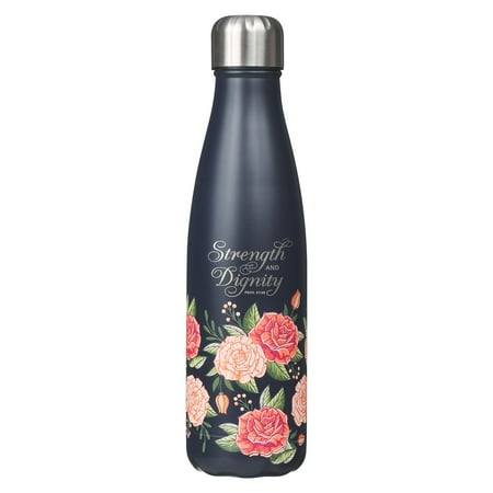 

Christian Art Gifts Stainless Steel Double Wall Vaccum Sealed Water Bottle for Women: Strength & Dignity - Prov. 31:25 Inspirational Bible Verse Leak-proof BPA-free Navy/Pink Rose Floral 17 oz.