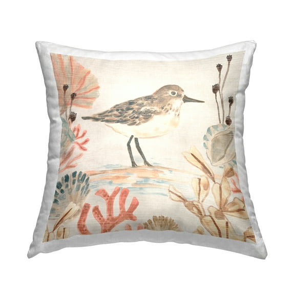 Stupell Industries Sandpiper with Coral Border Square Decorative Printed Throw Pillow, 18 x 18