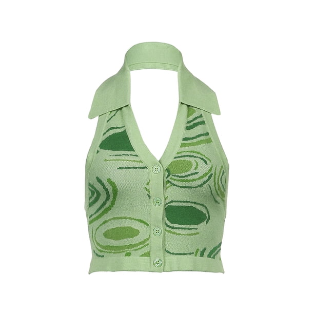 Sunloudy - Cárdigan con cuello halter y estampado irregular para mujer, camisola de punto ajustada con ombligo descubierto y cuello en V sexy Sunloudy S M L