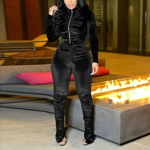 Leesechin Womens Pants Casual Trendy Sexy Solid Color Velvet Fabric Zipper Wrinkle Flared Trousers Two-piece Set on