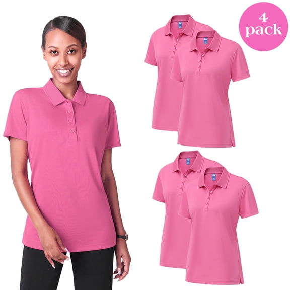 Zfeel Dry Fit Performance Women Polo T-Shirt, Poly Moisture Wicking Casual Shirt, Pink Tee 4 Pack, Size S