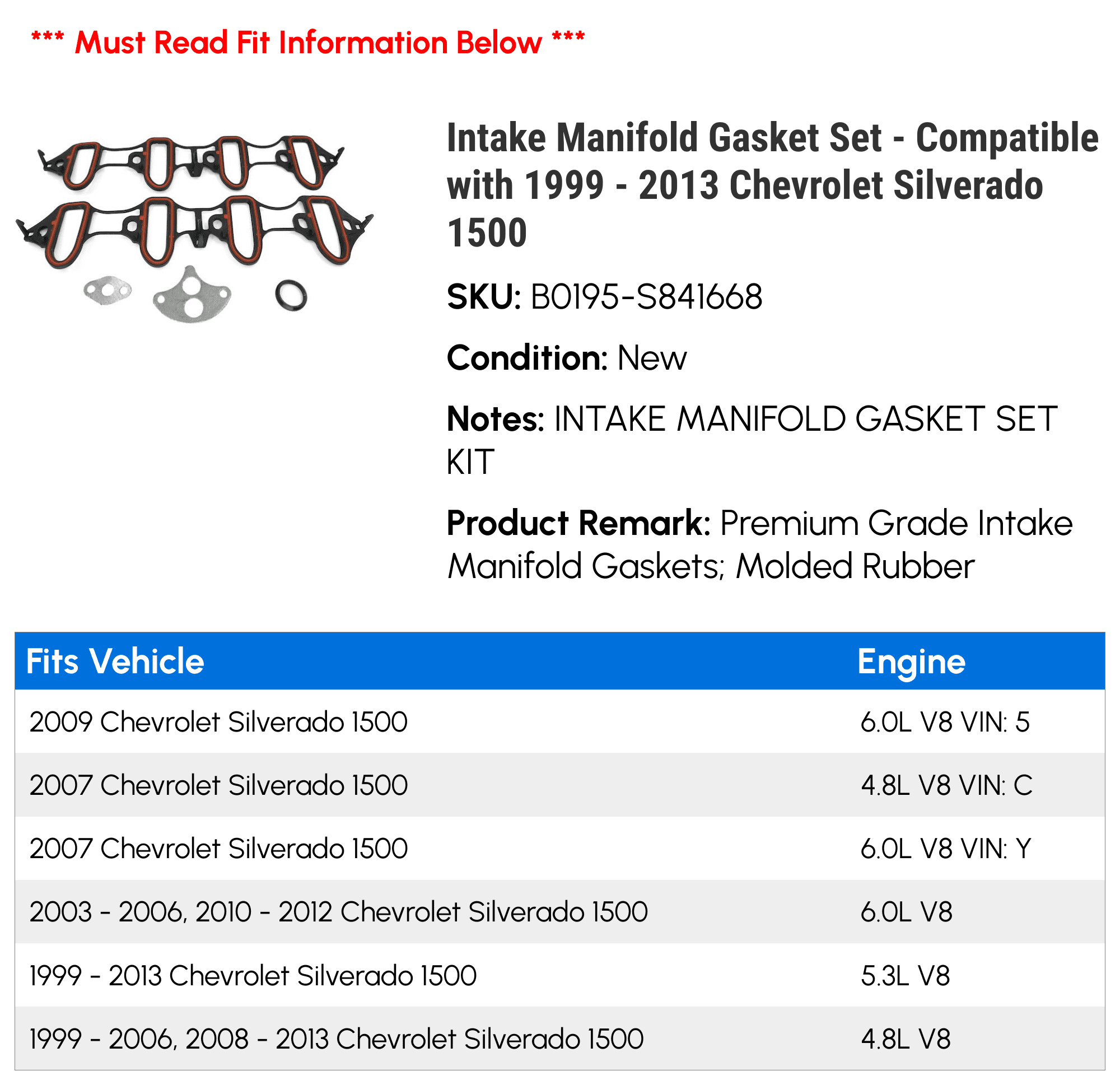 Intake Manifold Gasket Set - Compatible with 1999 - 2013 Chevy Silverado 1500 2000 2001 2002 2003 2004 2005 2006 2007 2008 2009 2010 2011 2012