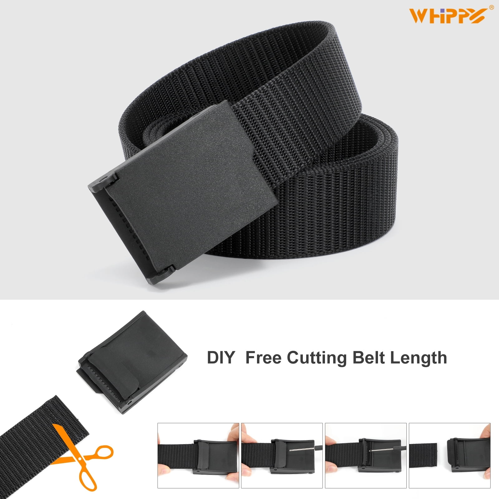 WHIPPY Men\'s Nylon Belt, Web Canvas Belt with Plastic Buckle, Black