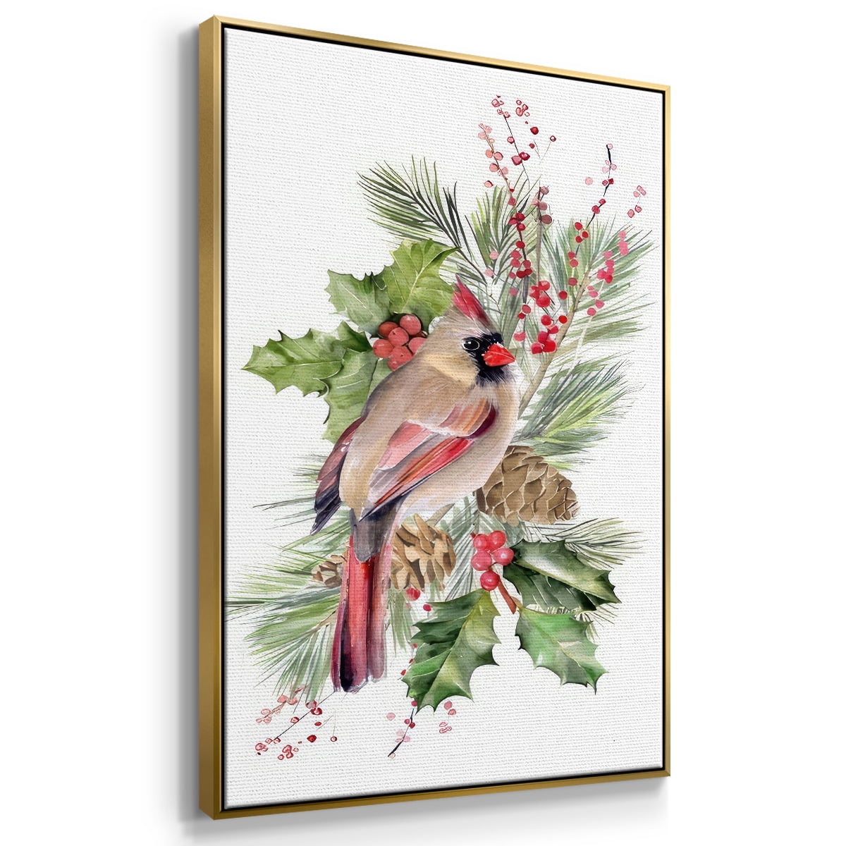 Cardinal Holly Christmas Collection B - Framed Gallery Wrapped Holiday Canvas - 17 x 25 - Gold Frame