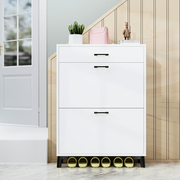 White Shoe Shelf Cabinet For Entryway: 2 Flip Drawers, , Space Saving Freestanding Storage Unit - White, , Entryway