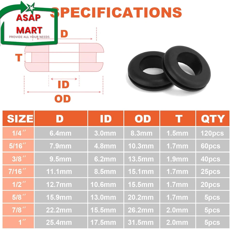 FLINT - Pshzz 280 Pcs Rubber Grommets Kit, Rubber Hole Grommet Gaskets Assortment For Wi