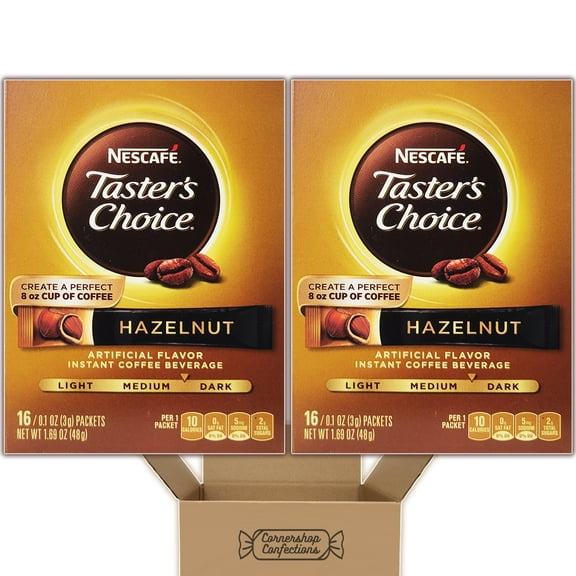 Nescafe Taster's Choice Hazelnut Flavored Instant Coffee Bundle - 32 Stick Packets of Hazelnut Flavored Instant Coffee - Flights, Purses, Work Desk - 2 16 Stick Boxes in Cornershop Confections pack