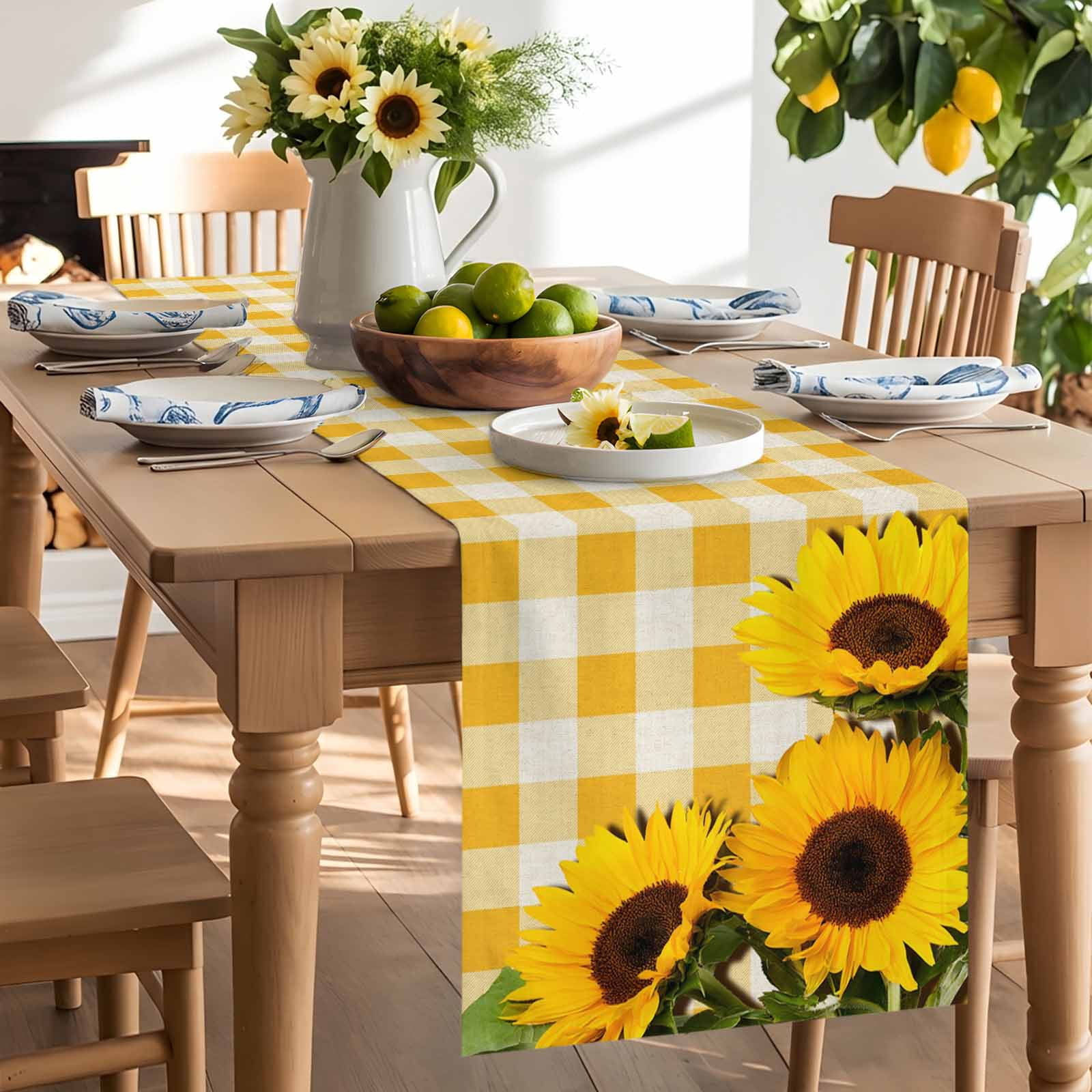 Watercolor Sunflowers Leaves on Retro Table Runner 90 Inches Long, Yellow White Plaid Table Runners Tabletop Scarf Kitchen Dining Tables Decoration for Home Party Indoor Outdoor