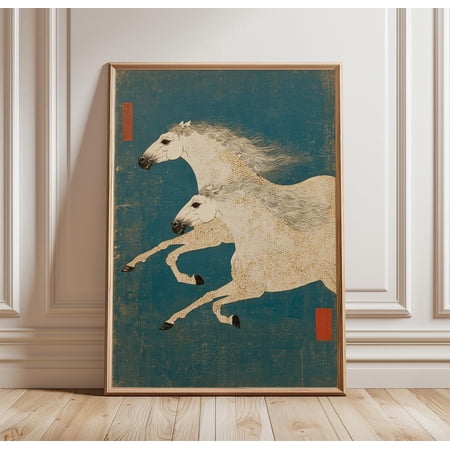 Running Horse Illustration Poster, Japanese Style Animal Print, Vintage Equine Wall Art, Poster Only