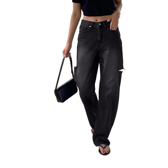 Necooer Women's High-Waisted Wide-Leg Jeans, Distressed Boyfriend Relaxed Fit, Stretchy Denim Pants