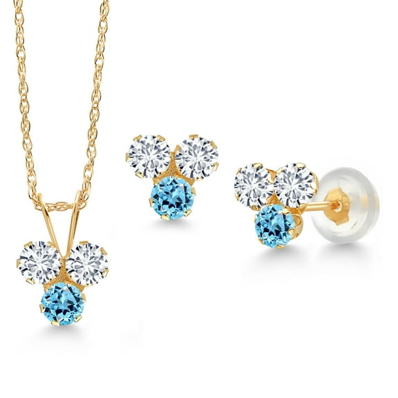Gem Stone King 14K Yellow Gold White Lab Grown Diamond and Swiss Blue Topaz 3 Stone Pendant and Earrings Jewelry Set for Women (1.05 Cttw, Round 3MM, with 18 inch Chain)