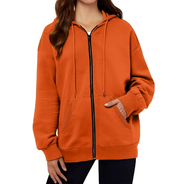 Pocket Long Sleeve Hooded Threaded Sweater Ladies Zipper Top