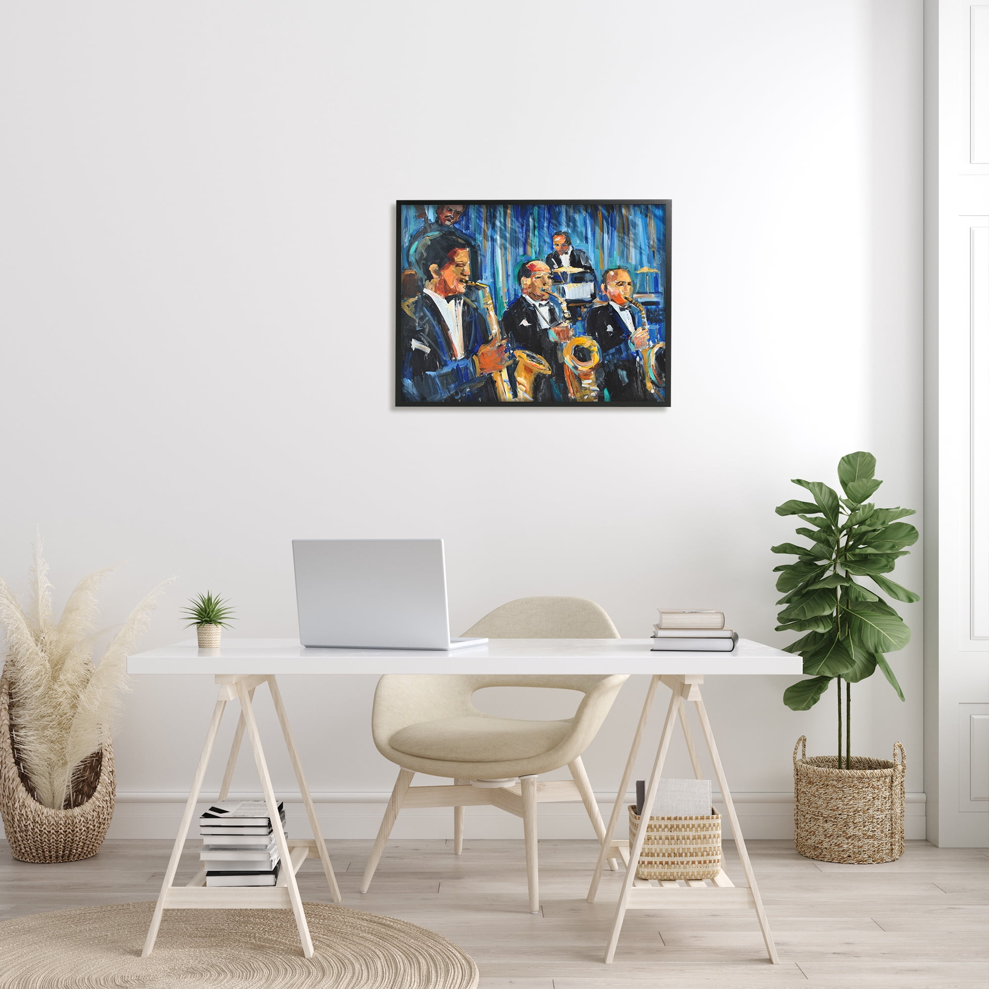 Stupell Industries Contemporary Saxophone Jazz Ensemble Expressive Musicians Beauty & Fashion Painting Black Framed Art Print Wall Art, 24 x 30