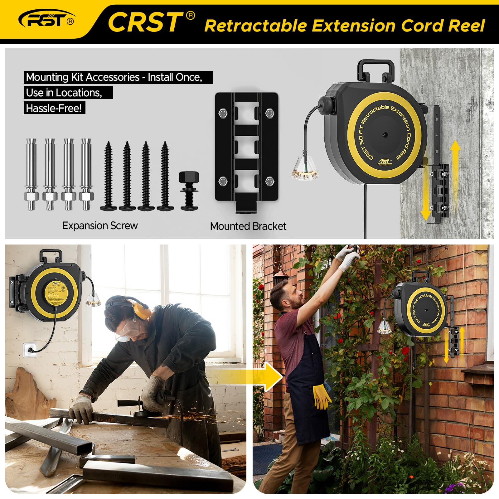CRST Retractable Extension Cord Reel with Handle, 50 FT Heavy Duty 14AWG/3C SJTOW Power Cord with 3 Grounded Outlets Lighted Triple Tap Limited of 1625W, 13Amp Circuit Breaker, 180° Swivel Bracket