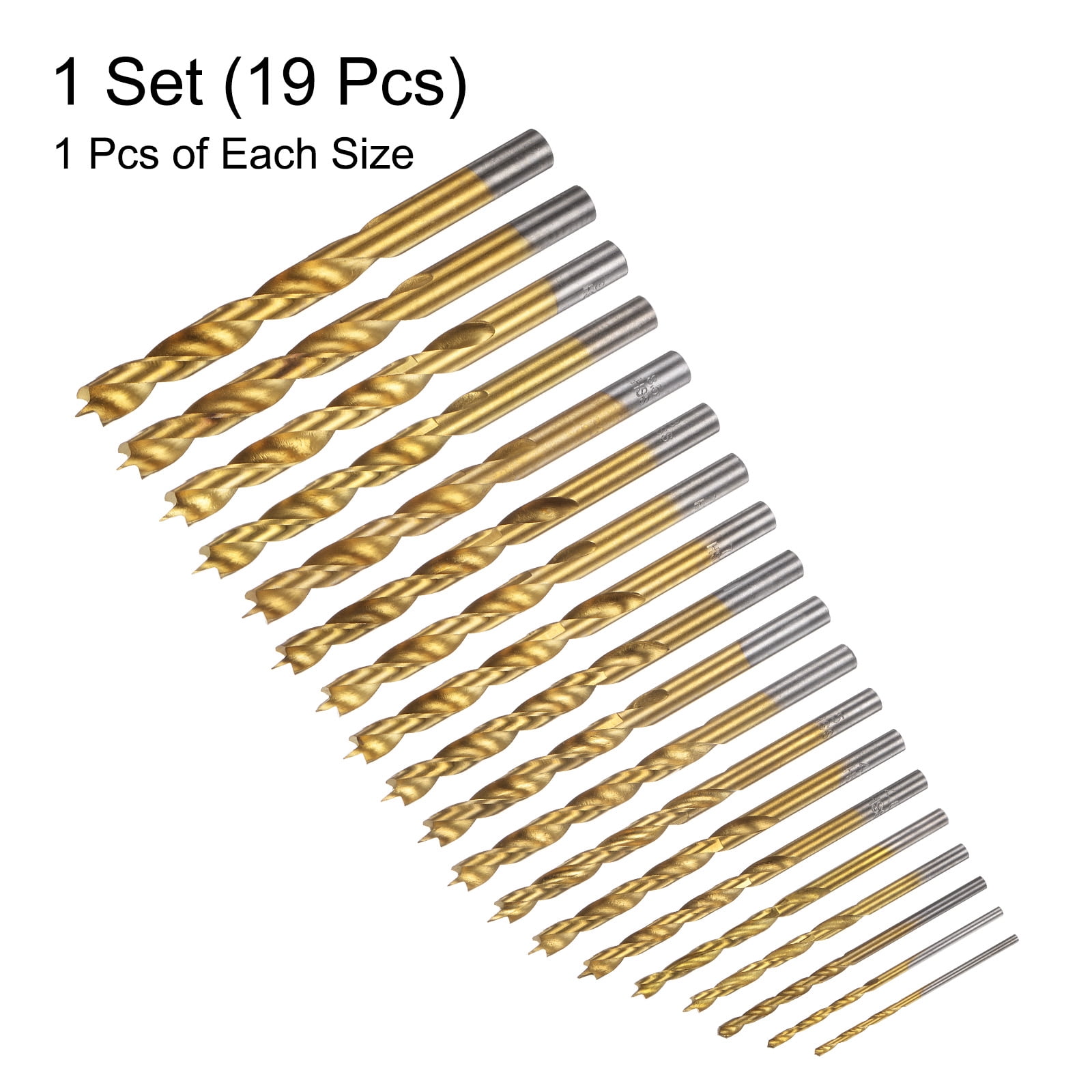 Uxcell Brad Point Drill Bit Set 1.5mm-10.5mm Dia HSS4241 Golden 19in1 Set