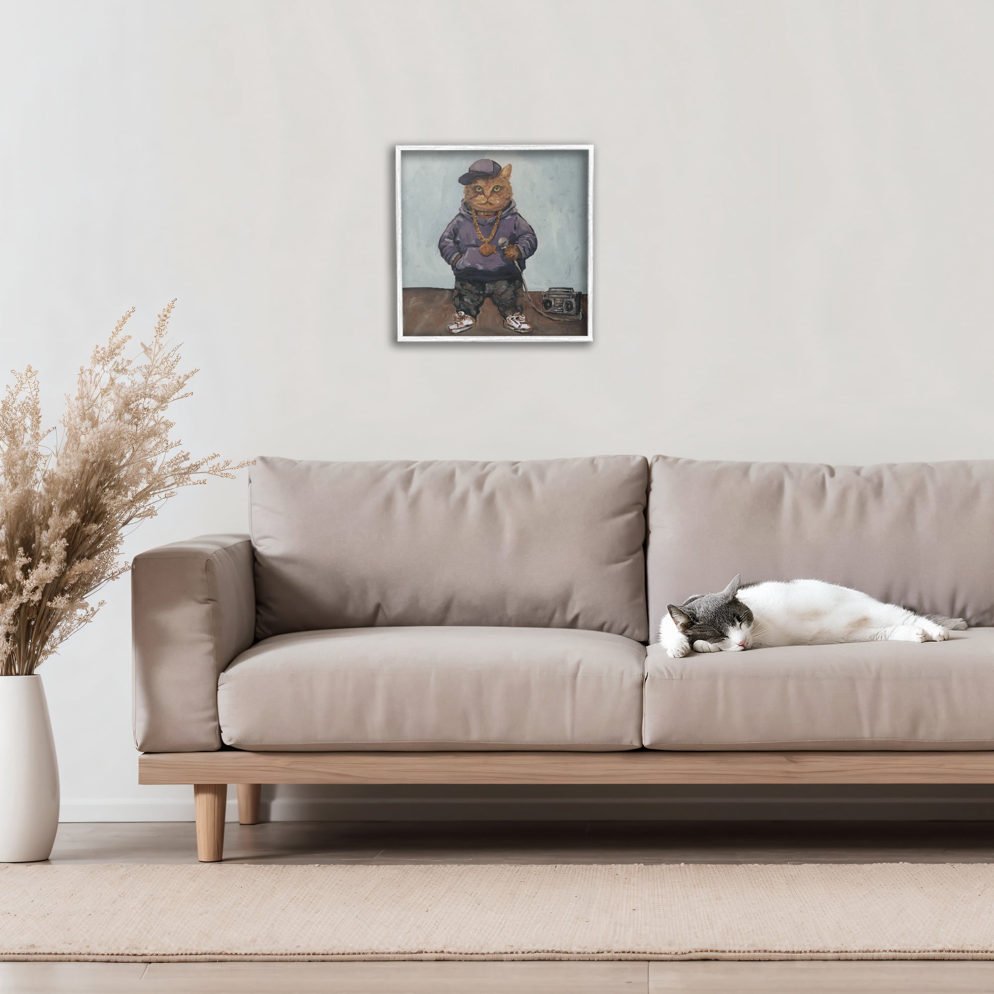 Stupell Industries Urban Hip-Hop Cat White Framed Giclee Art, design by Studio Bautista