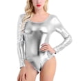thumbnail image 3 of AHTJRT Metallic One Piece Swimsuit for Women Shiny Giltter Liquid Wetlook Push Up Crewneck Long Sleeve Bathing Suit High Cut Slimming Jumpsuit Silver S, 3 of 4