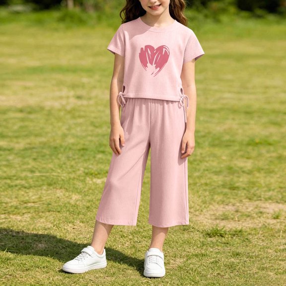 HOMBOM Girls Summer Outfits Heart Print Crew Neck Short Sleeve Top with Side Drawstring & Elastic Waist Capri Pants 2 Piece Casual Set Age 2-10Y,Pink,4-5 Years