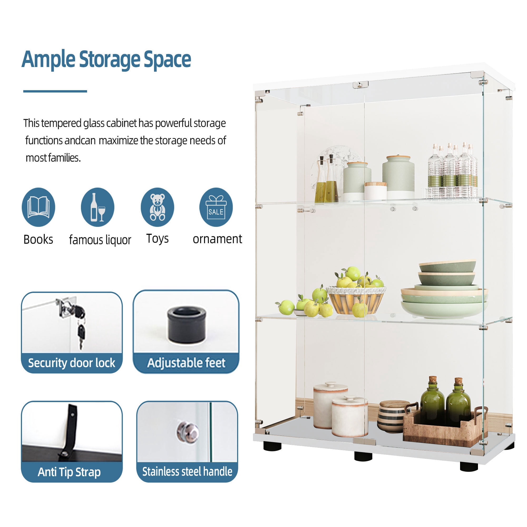 MAYEERTY 3 Tiers Glass Display Cabinet with Bluetooth LED Light Strip, Curio Storage Cabinet with 2 Door and Lock, Wood Top, White
